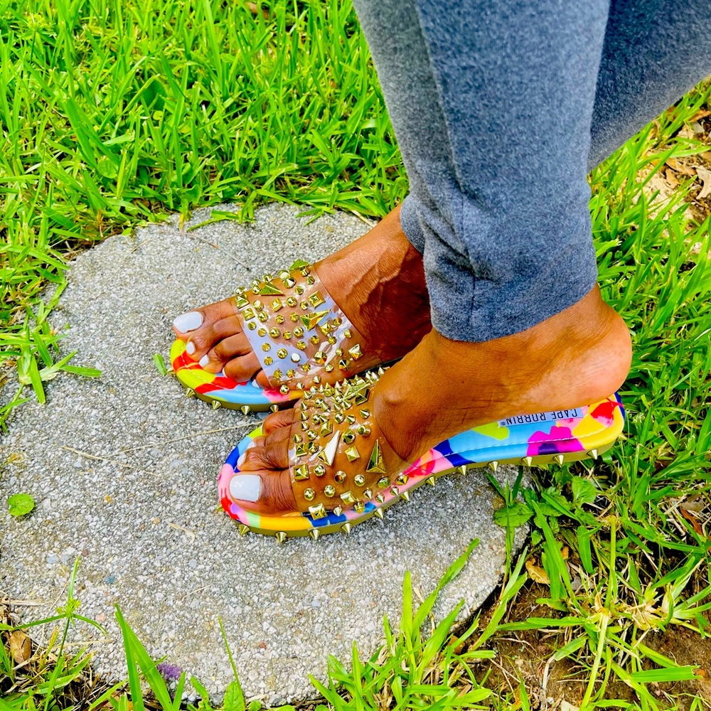 Print Sandal spike, clear wide toe band, flat slides, brand -Cape Ribbon